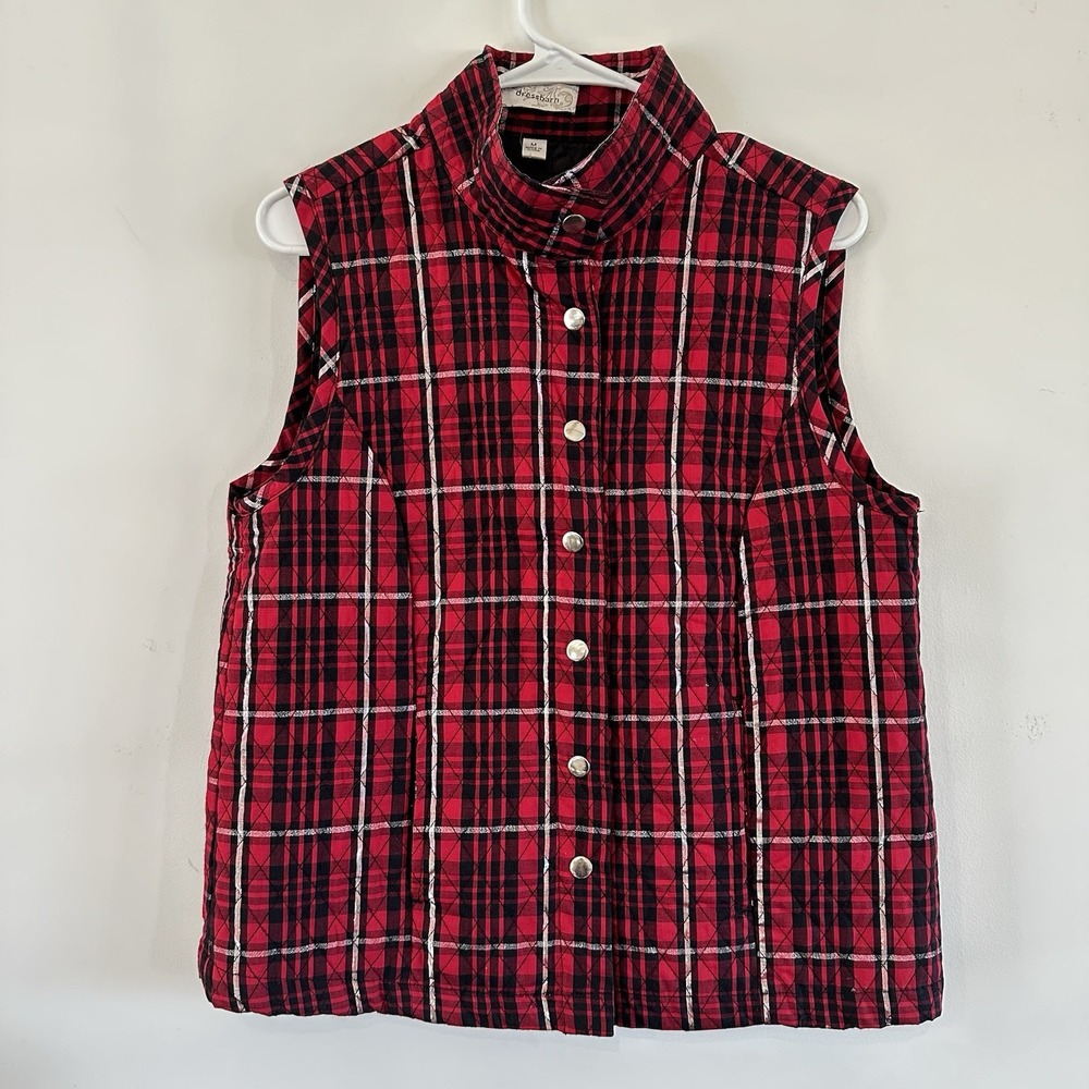 Dressbarn Plaid Lightweight Vest w/ Pockets Womens Medium Red Black Snap Buttons
